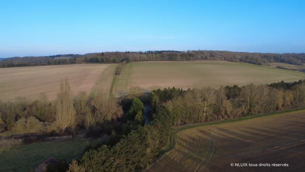 Photo du paysage en vue aérienne du Vexin, des lignes boisées viennent séparer deux champs, un sur la partie montante et l'autre sur la partie basse. Une route vient séparer les deux lignes boisées. 